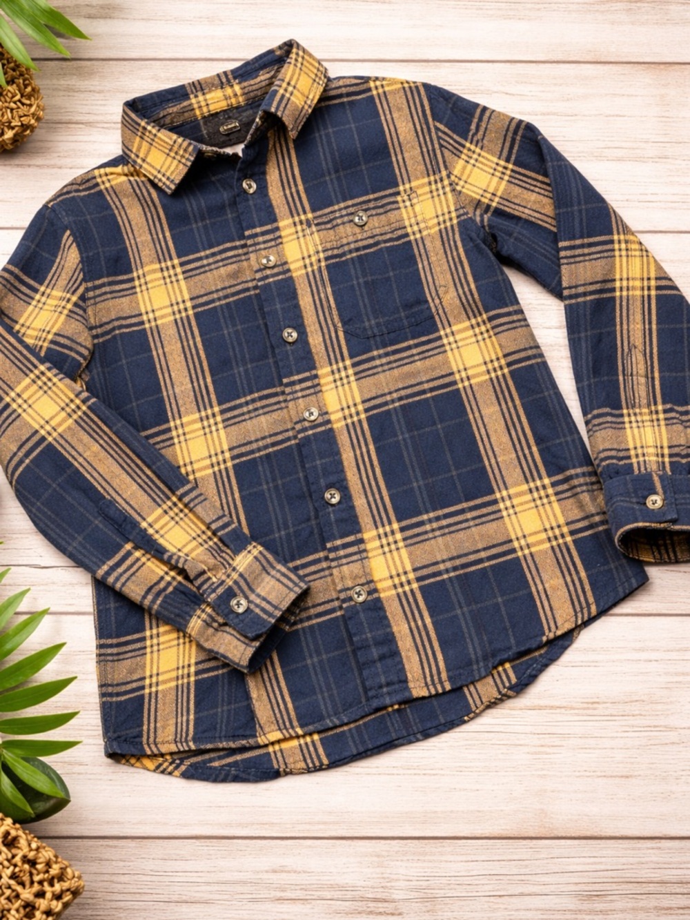 Vamos Navy and Yellow Plaid Casual Button-Down Shirt Size 10
